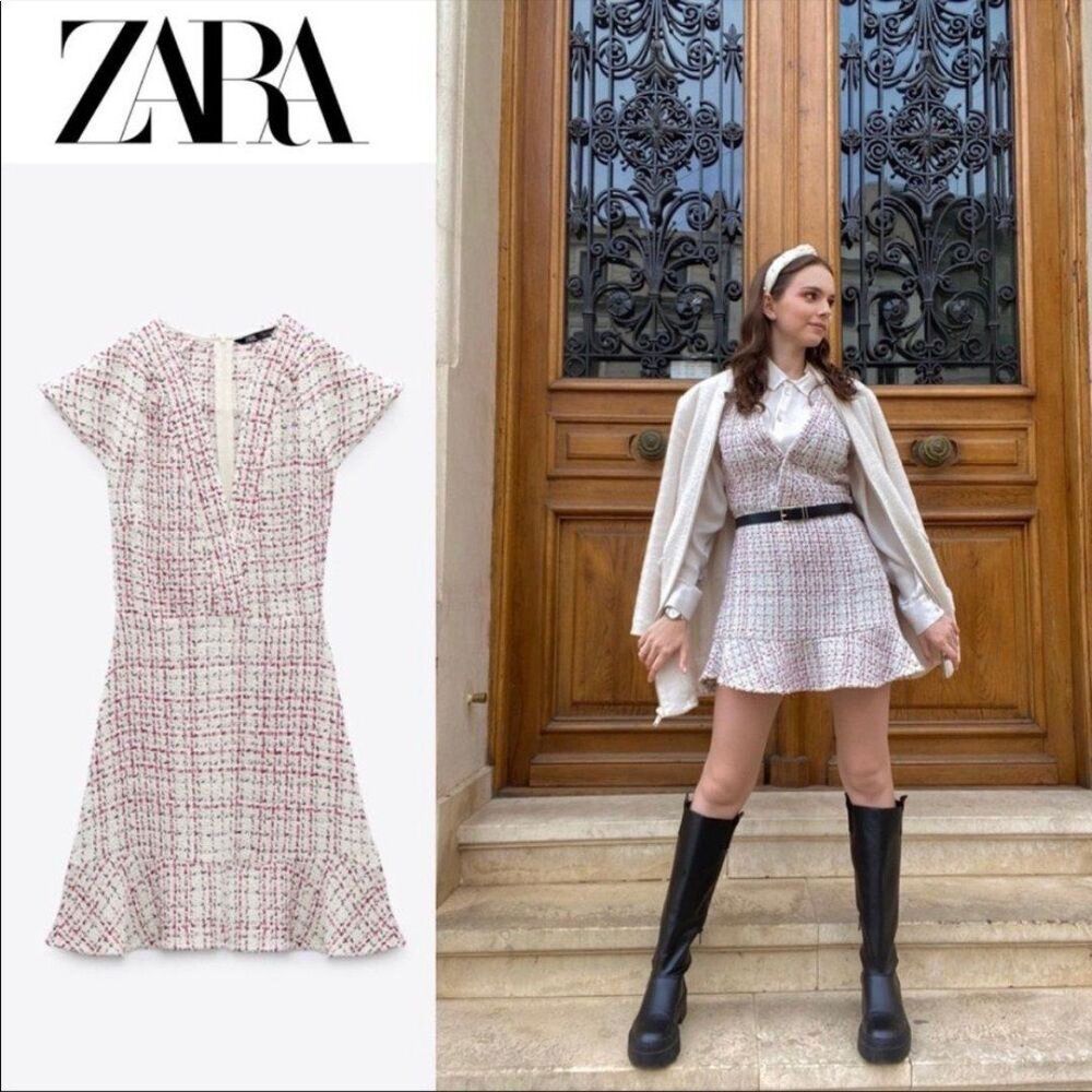 Zara TEXTURED WEAVE DRESS WITH RUFFLE Size Small